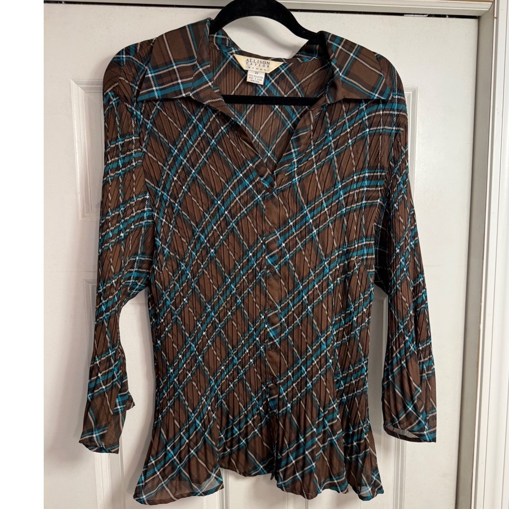 Allison Taylor Woman Plaid‎ Pleated Button Down Blouse Crinkle 2X 3/4 Sleeve